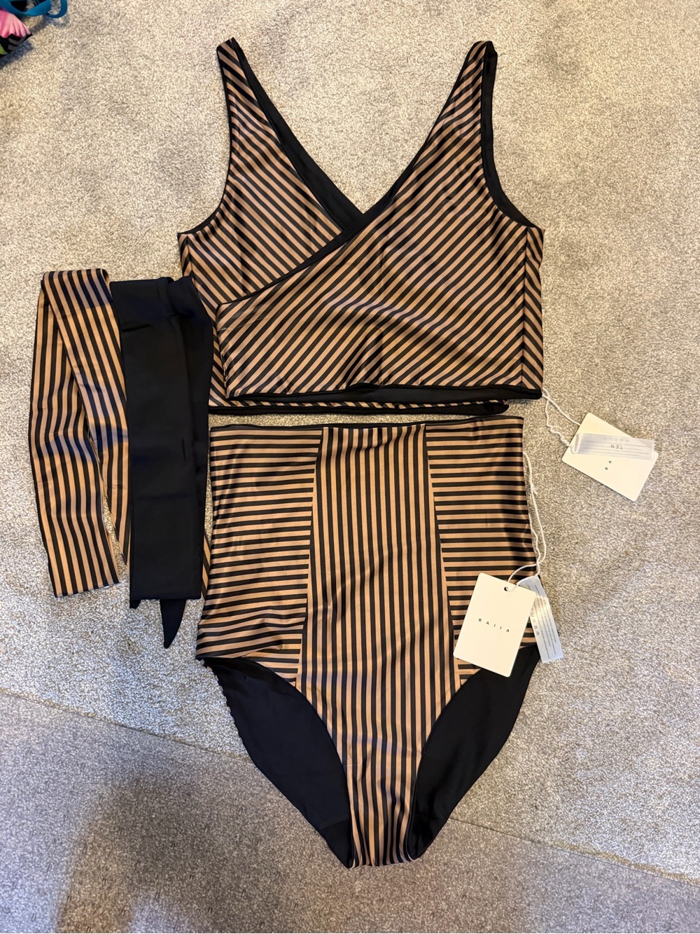 High-Waist Striped Bikini Set in Black and Tan